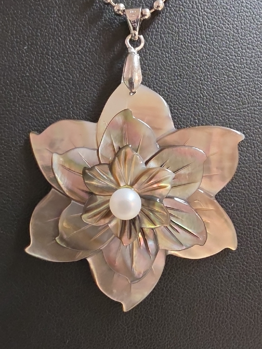 Vintage Iridescent Black Mother-of-Pearl Flower Pendant with  Real Pearl Center